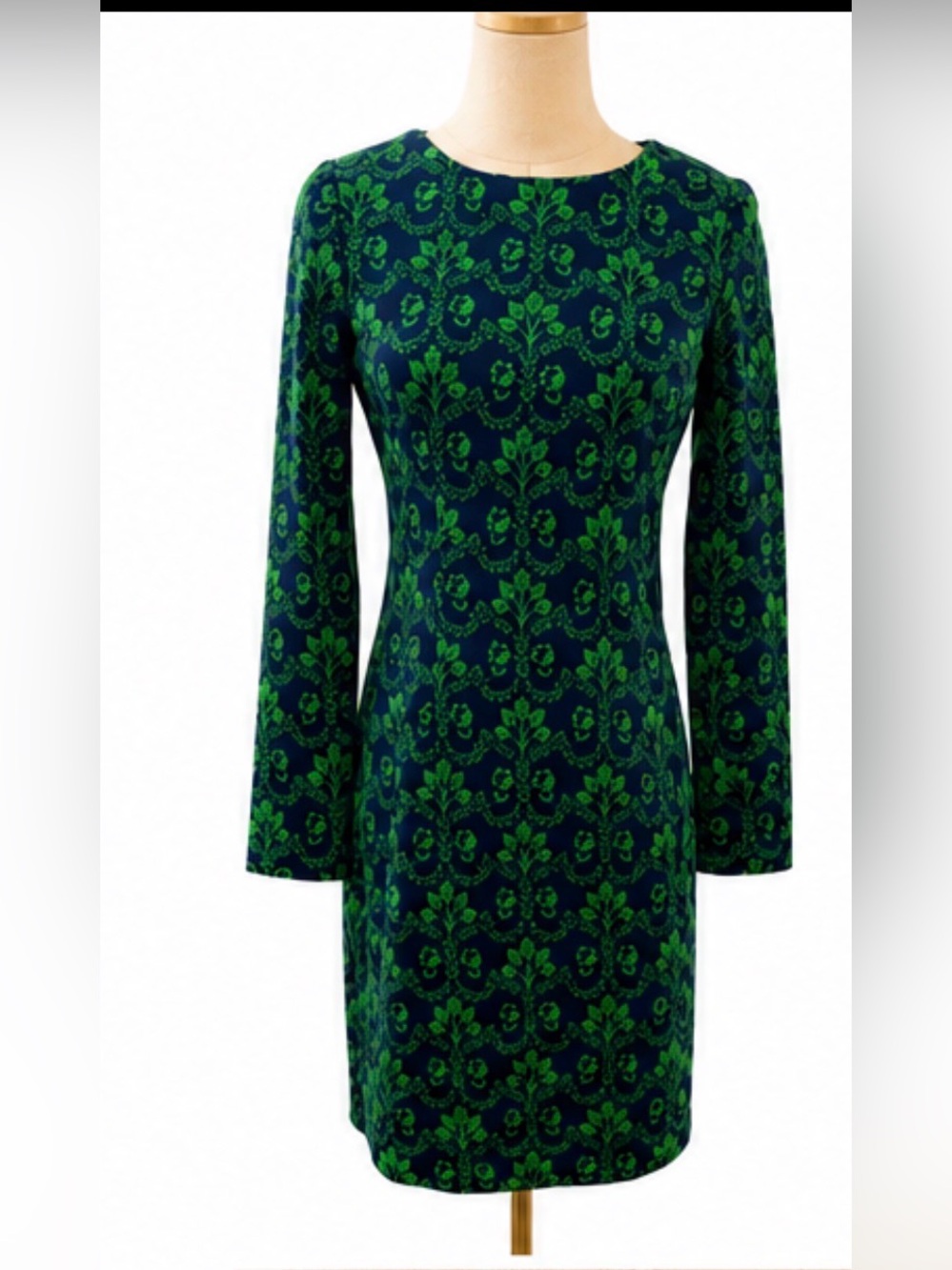 Boden Navy Green Floral Jacquard Knit Sheath Dress size 4R Midweight Long Sleeve